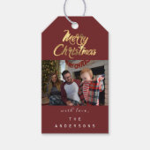 Frohe Weihnachtsgeschenke Foto Maroon Gold Schneef Geschenkanhänger (Vorderseite)