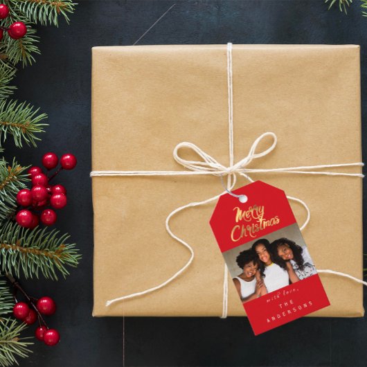 Frohe Weihnachtsgeschenke Foto Red Gold Snowflakes Geschenkanhänger