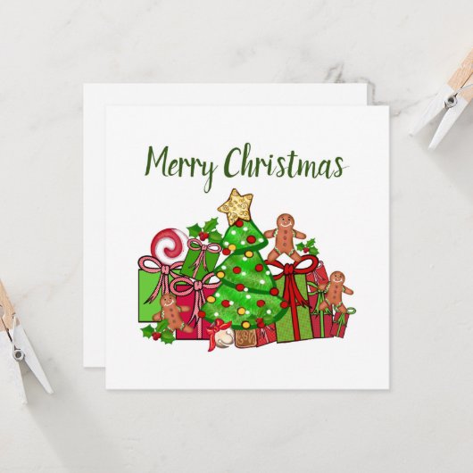 Frohe Weihnachtsgeschenke rund um den Baum Karte (Vorderseite/Rückseite Beispiel)