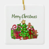 Frohe Weihnachtsgeschenke rund um den Baum Keramikornament (Vorderseite)