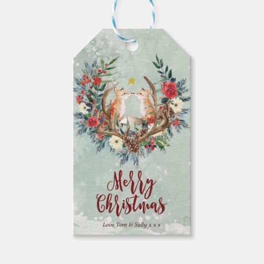 Frohe Weihnachtsgeschenke Tags Winter Blumenfüchse Geschenkanhänger (Vorderseite)