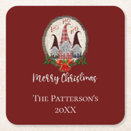 Frohe Weihnachtsgnomen Rot, Rustikal, Kariert, Tre Rechteckiger Pappuntersetzer