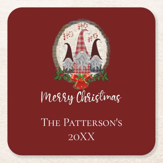 Frohe Weihnachtsgnomen Rot, Rustikal, Kariert, Tre Rechteckiger Pappuntersetzer (Vorderseite)