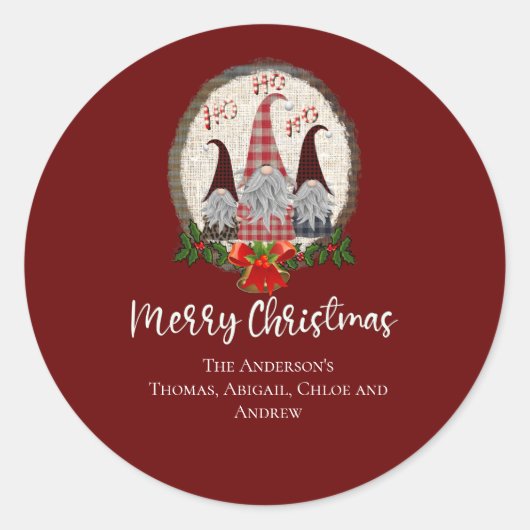 Frohe Weihnachtsgnomen Rot, Rustikal, Kariert, Tre Runder Aufkleber (Vorderseite)