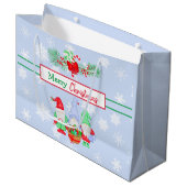 Frohe Weihnachtsgnomen Snowflakes Blue Background Große Geschenktüte (Vorderseite Schrägansicht)