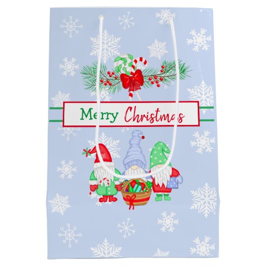 Frohe Weihnachtsgnomen Snowflakes Blue Background Mittlere Geschenktüte (Rückseite)