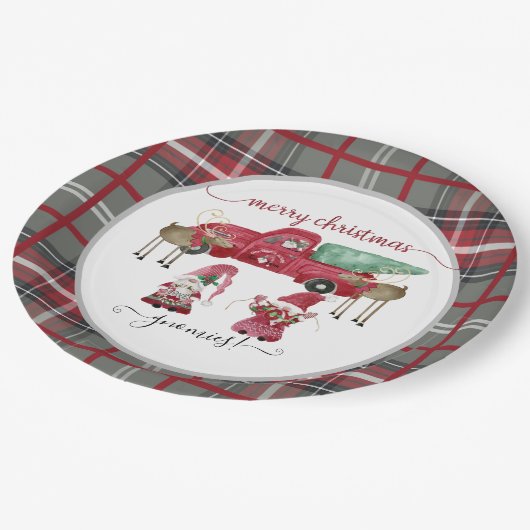 Frohe Weihnachtsgnomies Gnome Red Kariert Watercol Pappteller (Schrägansicht)