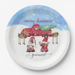 Frohe Weihnachtsgnomies Snowy Tree Farm Wasserfarb Pappteller