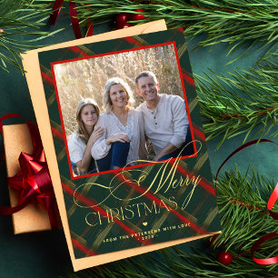 Frohe Weihnachtsgold Drehbuch rot grün kariertes F Feiertagskarte
