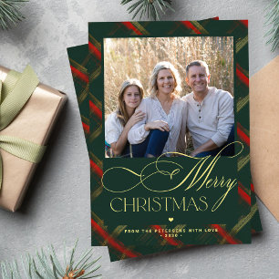 Frohe Weihnachtsgoldskript dunkelgrün kariertes Fo Feiertagskarte