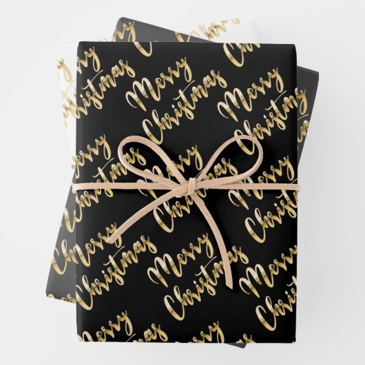 Frohe Weihnachtsgoldskript schwarz grau weiß Geschenkpapier Set (Beispiel)
