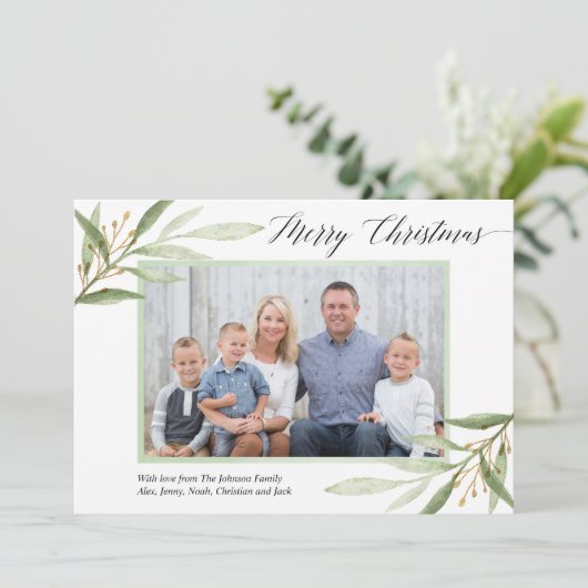 Frohe Weihnachtsgrün Gold moderne Fotokarte (Stehend Vorderseite)