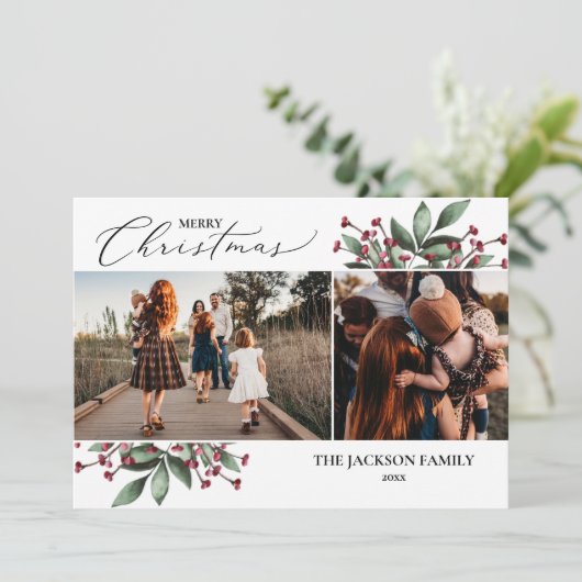 Frohe Weihnachtsgrün Rotes Foto Weihnachtskarte Einladung (Stehend Vorderseite)