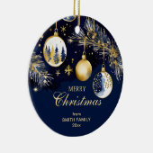 Frohe Weihnachtsgrüße goldblaue Baubles Keramik Ornament (Rechts)