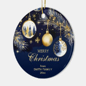 Frohe Weihnachtsgrüße goldblaue Baubles Keramik Ornament (Links)