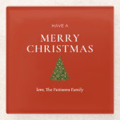 Frohe Weihnachtsgrüße mit Baum auf roten Sitten Glasuntersetzer (Vorderseite)