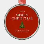Frohe Weihnachtsgrüße mit Baum auf roten Sitten Ornament Aus Metall (Vorne)