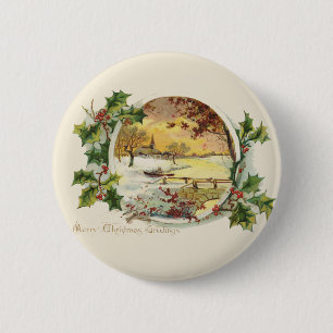Frohe Weihnachtsgrüße Vintage Dorfszene Button