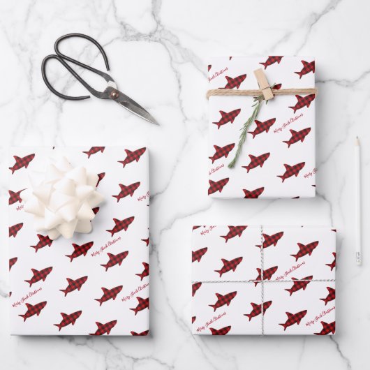 Frohe Weihnachtshai Red Black Buffalo Kariert Geschenkpapier Set (Vorderseite)