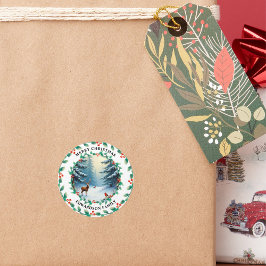 Frohe Weihnachtshirsche und Rotwein-Vogelfamilie Runder Aufkleber