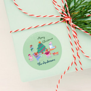 Frohe Weihnachtshunde Eis Skaten Name Moss Green Runder Aufkleber