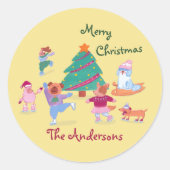 Frohe Weihnachtshunde Eis Skaten Name Pastel Yello Runder Aufkleber (Vorderseite)