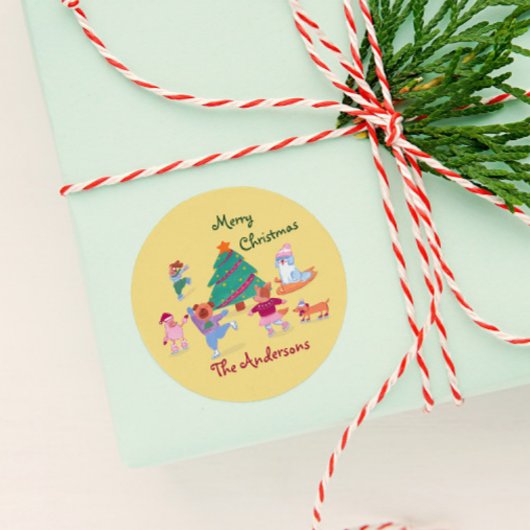 Frohe Weihnachtshunde Eis Skaten Name Pastel Yello Runder Aufkleber