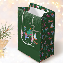 Frohe Weihnachtshunde Ice Skaten Festive Green Mittlere Geschenktüte