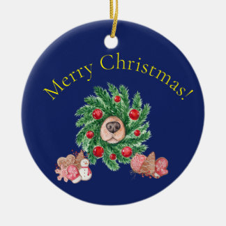Frohe Weihnachtshunde mit Nase im Kraut Keramik Ornament
