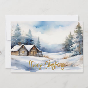 Frohe Weihnachtshütte in verschneiten Landschaften Feiertagskarte