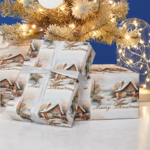 Frohe Weihnachtshütte in verschneiten Landschaften Geschenkpapier