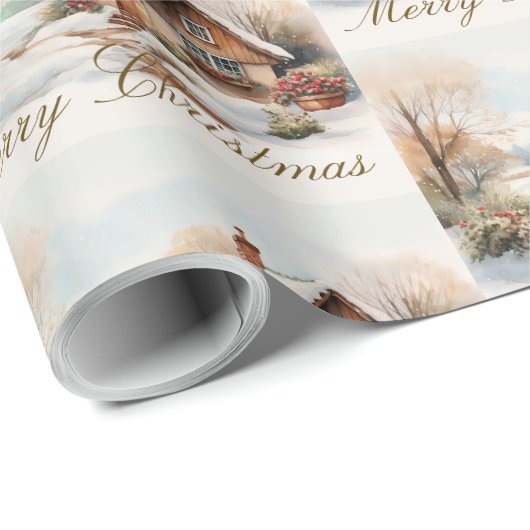 Frohe Weihnachtshütte in verschneiten Landschaften Geschenkpapier (Rolleneckpunkt)
