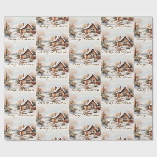 Frohe Weihnachtshütte in verschneiten Landschaften Geschenkpapier (Flach)