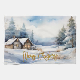 Frohe Weihnachtshütte in verschneiten Landschaften Geschirrtuch