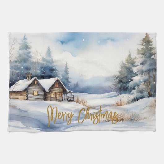 Frohe Weihnachtshütte in verschneiten Landschaften Geschirrtuch (Horizontal)