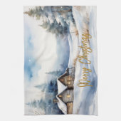 Frohe Weihnachtshütte in verschneiten Landschaften Geschirrtuch (Vertikal)