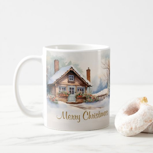 Frohe Weihnachtshütte in verschneiten Landschaften Kaffeetasse (Mit Donut)