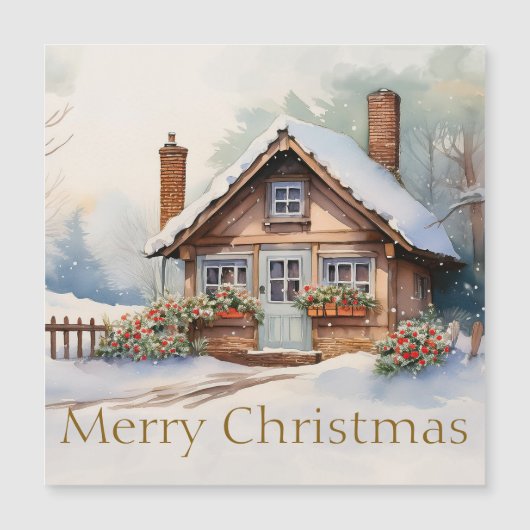 Frohe Weihnachtshütte in verschneiten Landschaften Magnetkarte (Vorderseite)