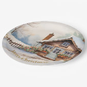 Frohe Weihnachtshütte in verschneiten Landschaften Pappteller (Schrägansicht)