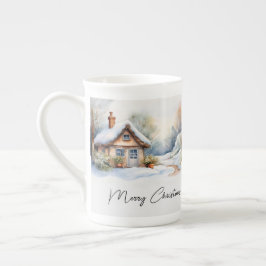 Frohe Weihnachtshütte in verschneiten Landschaften Porzellantasse