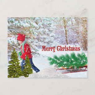 Frohe Weihnachtsjunge mit Schlittenurlaub Postkarte