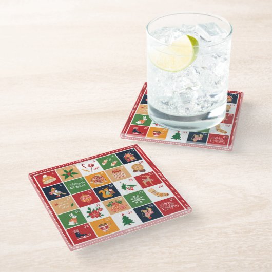 Frohe Weihnachtskalender Poinsettia Red Glasuntersetzer (Schrägansicht)