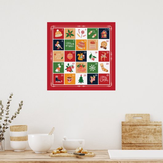 Frohe Weihnachtskalender Poinsettia Red Poster (Küche)