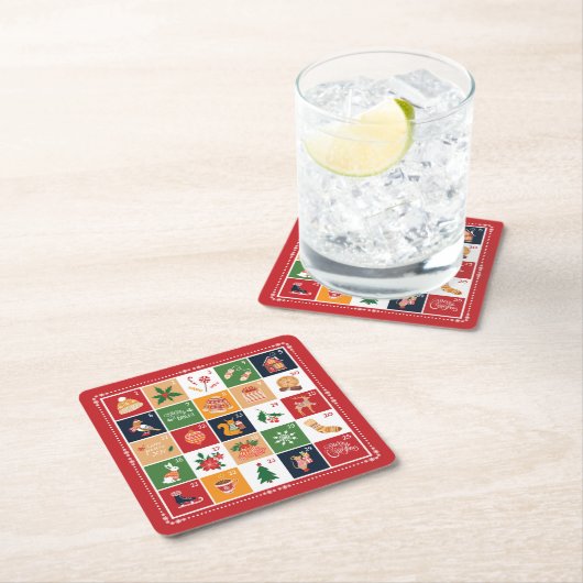 Frohe Weihnachtskalender Poinsettia Red Rechteckiger Pappuntersetzer (Vor Ort)