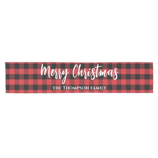 Frohe Weihnachtskalligrafie Buffalo Karo Pattern Kurzer Tischläufer (Horizontal)