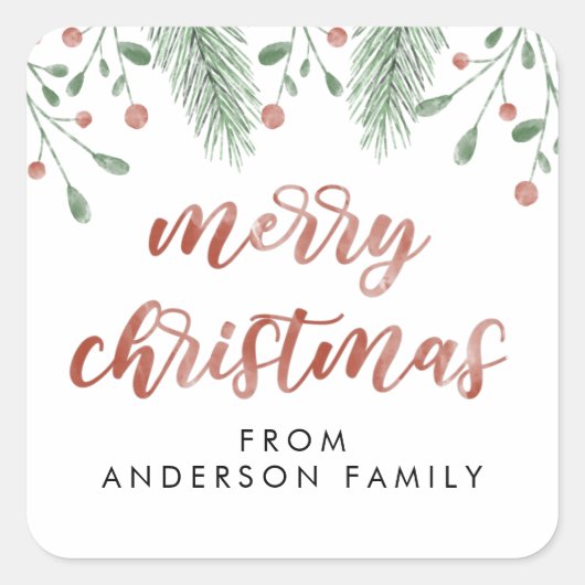 Frohe Weihnachtskalligrafie Cherry Botanical Quadratischer Aufkleber (Vorderseite)