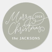 Frohe Weihnachtskalligrafie Elegant Sage Green Runder Aufkleber (Vorderseite)