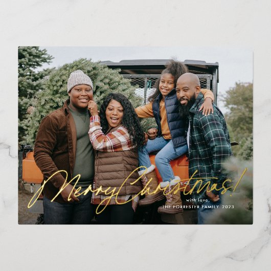 Frohe Weihnachtskalligrafie Handwriting-Foto Folien Feiertagspostkarte (Vorderseite)