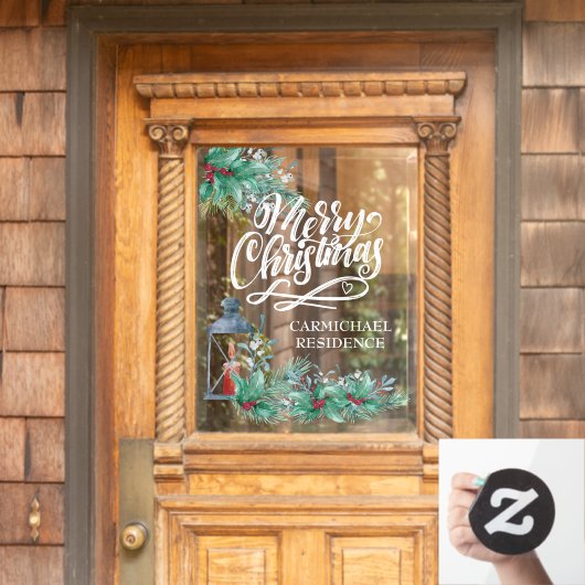 Frohe Weihnachtskalligrafie Lantern Holly Garlands Fensteraufkleber (Haustür)