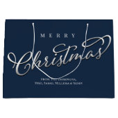 Frohe Weihnachtskalligrafie Navy Blue Snowflake Große Geschenktüte (Vorderseite)